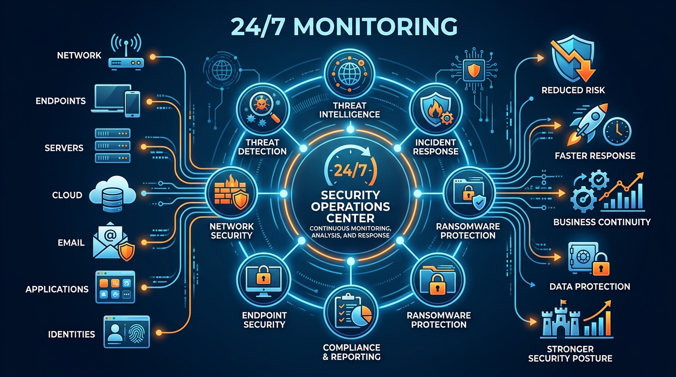Security Operations Center protecting business networks through threat detection and incident response